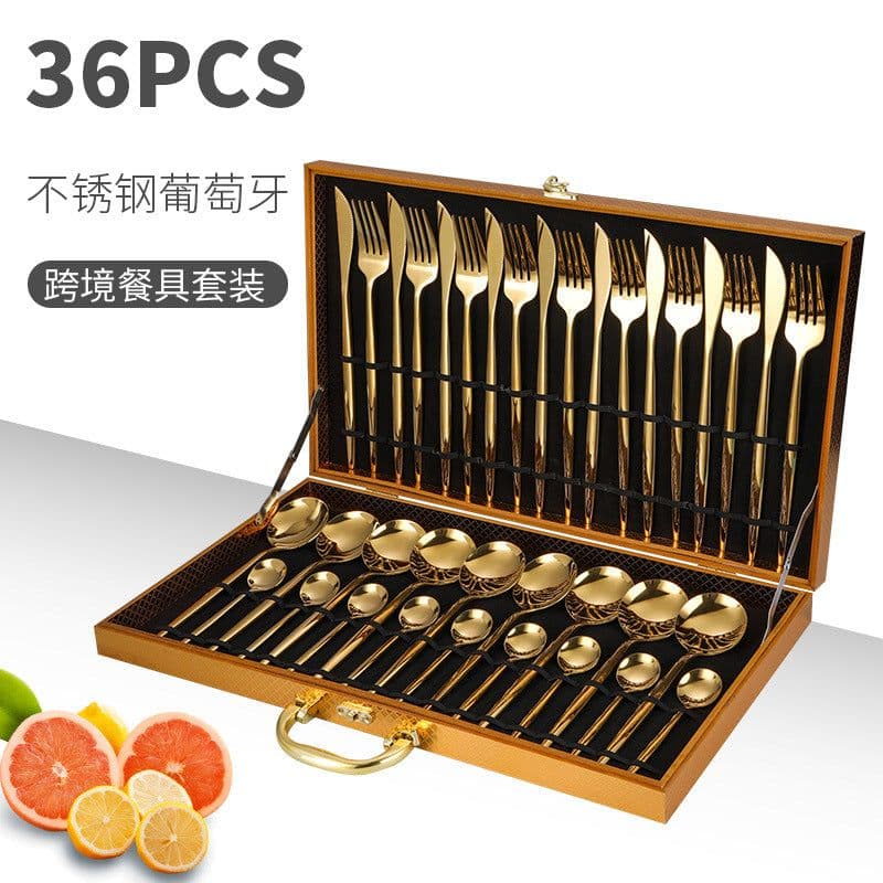 image-Stainless Steel Western Cutlery Cutlery Set Portugal Gold Plated Tableware Golden Wooden Box 36-piece Set Amazon Hot