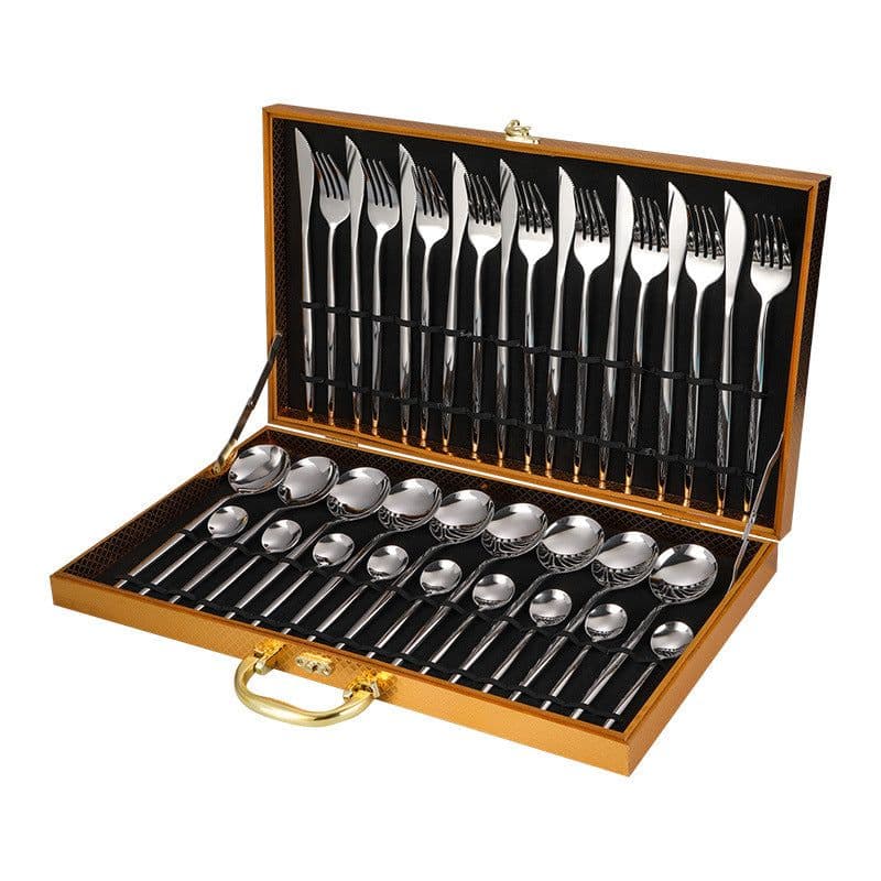 image-Stainless Steel Western Cutlery Cutlery Set Portugal Gold Plated Tableware Golden Wooden Box 36-piece Set Amazon Hot