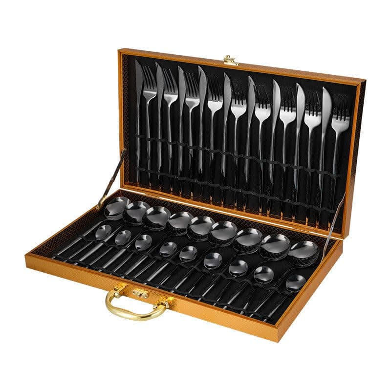 image-Stainless Steel Western Cutlery Cutlery Set Portugal Gold Plated Tableware Golden Wooden Box 36-piece Set Amazon Hot