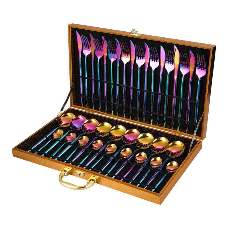 image-Stainless Steel Western Cutlery Cutlery Set Portugal Gold Plated Tableware Golden Wooden Box 36-piece Set Amazon Hot