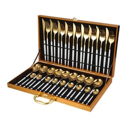 image-Stainless Steel Western Cutlery Cutlery Set Portugal Gold Plated Tableware Golden Wooden Box 36-piece Set Amazon Hot