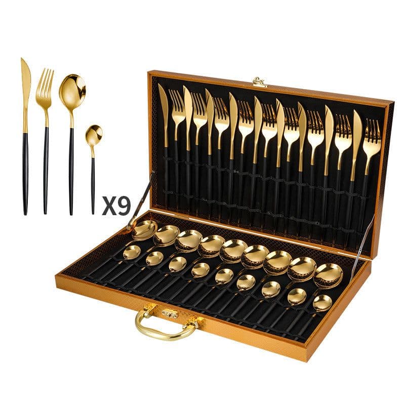 image-Stainless Steel Western Cutlery Cutlery Set Portugal Gold Plated Tableware Golden Wooden Box 36-piece Set Amazon Hot