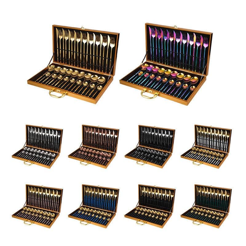 image-Stainless Steel Western Cutlery Cutlery Set Portugal Gold Plated Tableware Golden Wooden Box 36-piece Set Amazon Hot
