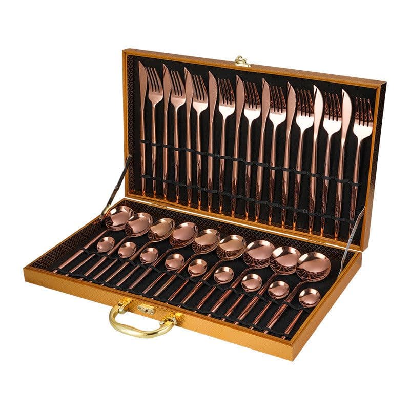 image-Stainless Steel Western Cutlery Cutlery Set Portugal Gold Plated Tableware Golden Wooden Box 36-piece Set Amazon Hot