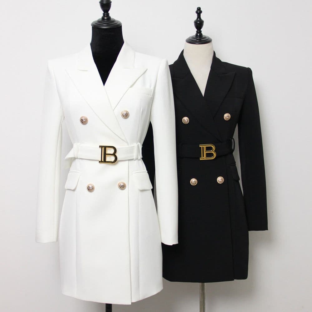 image-2023 spring and autumn new fashion high-end solid color belt long-sleeved slim temperament commuter suit dress for women in stock