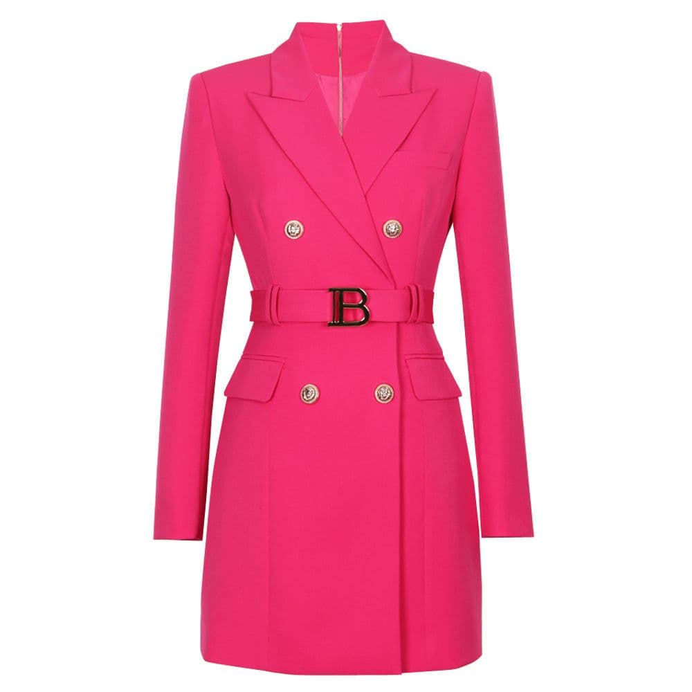 image-2023 spring and autumn new fashion high-end solid color belt long-sleeved slim temperament commuter suit dress for women in stock