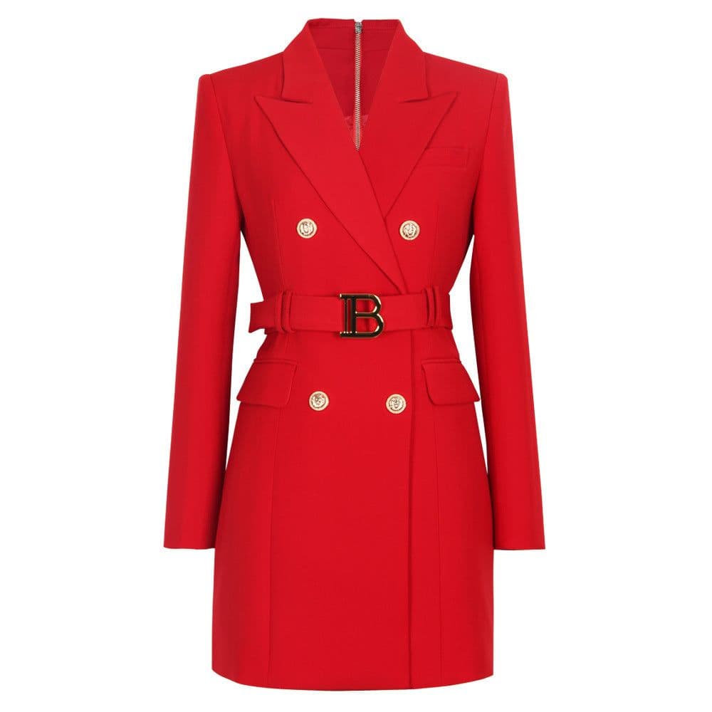 image-2023 spring and autumn new fashion high-end solid color belt long-sleeved slim temperament commuter suit dress for women in stock