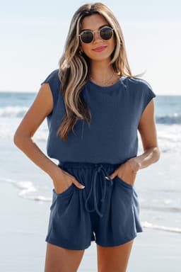 image-Bristol Black Knit Open Back Cap Sleeve Drawstring Elastic Waistband Romper