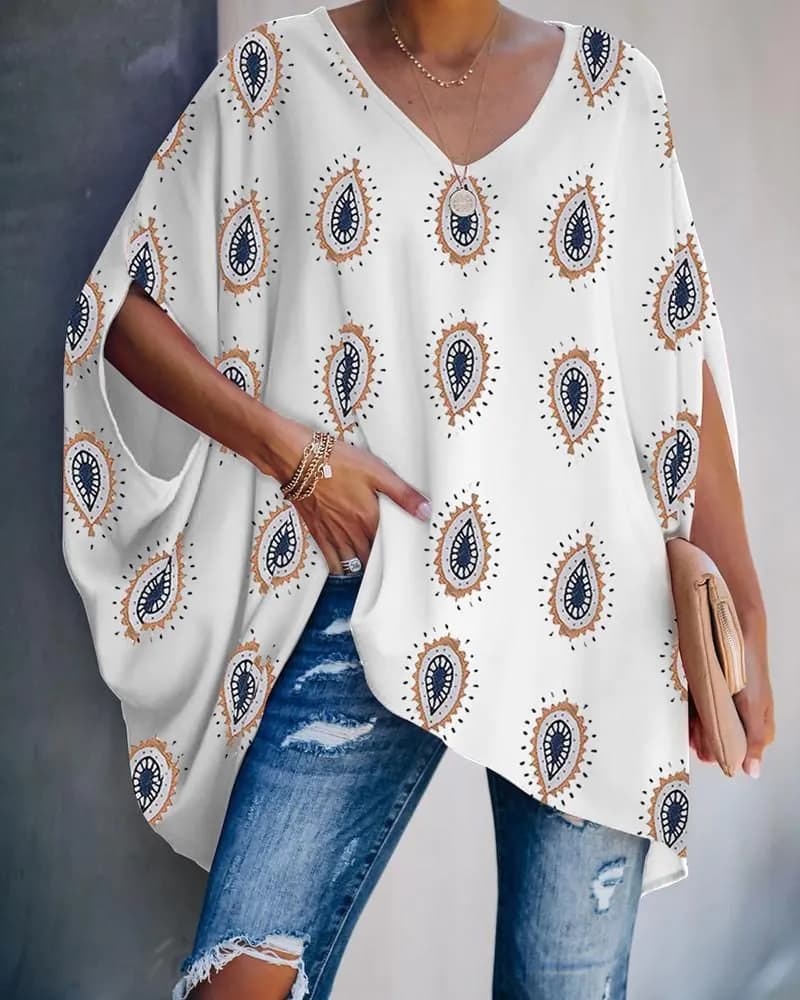 image-European and American cross-border new women's amazon wish fashion tie-dye printing hedging bat sleeve t-shirt women