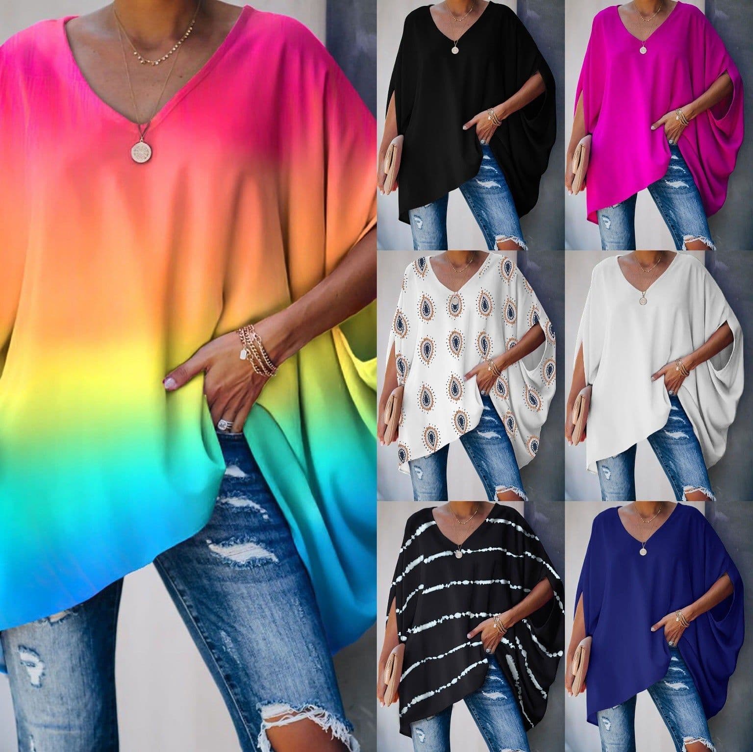 image-European and American cross-border new women's amazon wish fashion tie-dye printing hedging bat sleeve t-shirt women