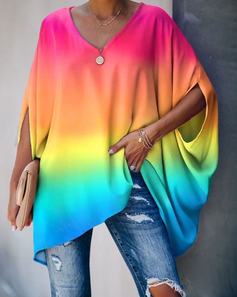 image-European and American cross-border new women's amazon wish fashion tie-dye printing hedging bat sleeve t-shirt women