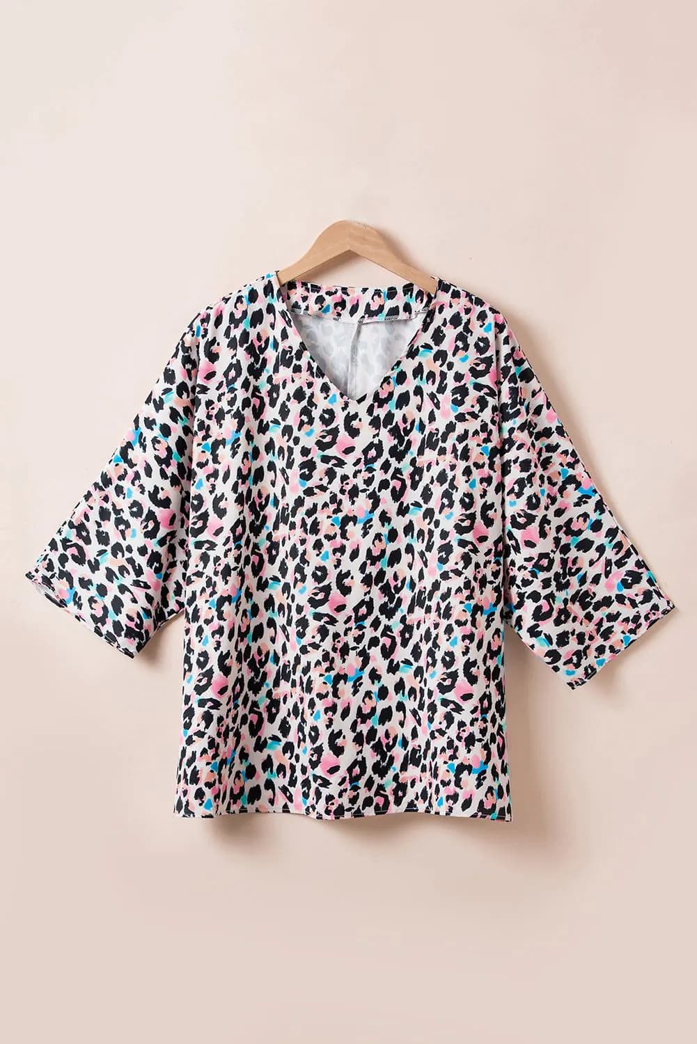 image-Brown Leopard Print V Neck Batwing Sleeve Top