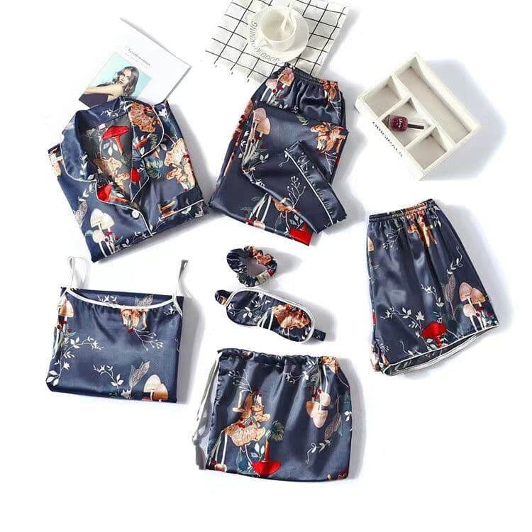 image-2023 popular maple leaf silk pajamas women's home wear seven-piece set spring, summer, autumn and winter ice silk imitation silk