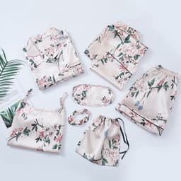 image-2023 popular maple leaf silk pajamas women's home wear seven-piece set spring, summer, autumn and winter ice silk imitation silk