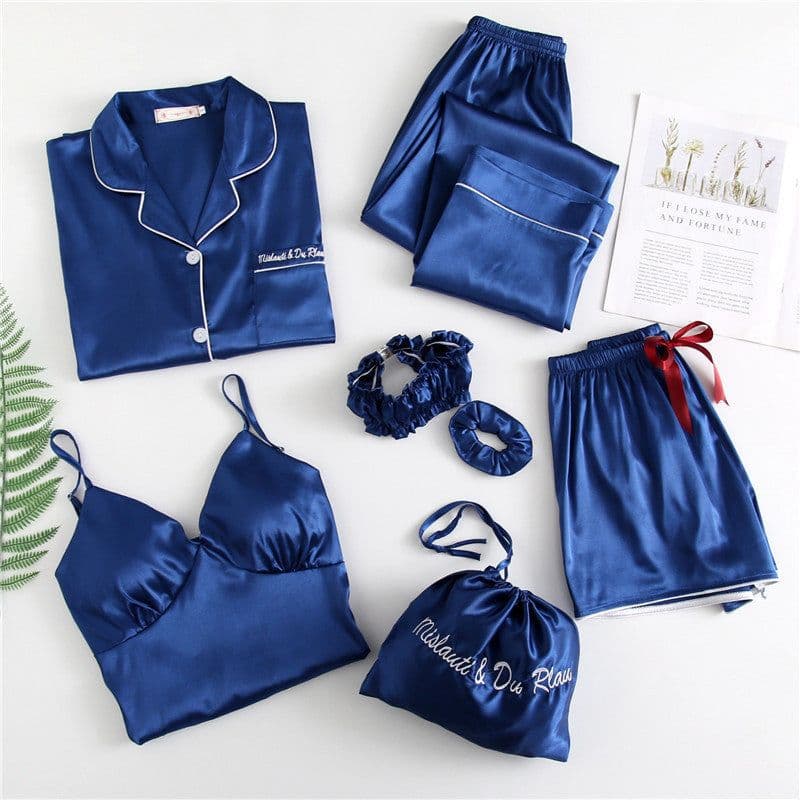 image-2023 popular maple leaf silk pajamas women's home wear seven-piece set spring, summer, autumn and winter ice silk imitation silk