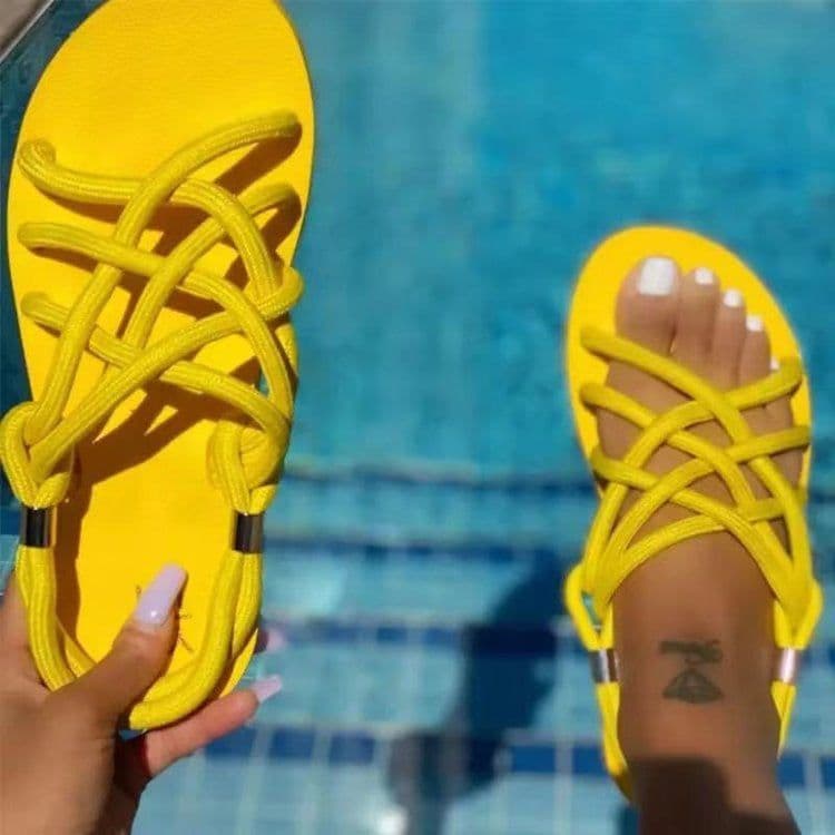image-2021 summer European and American cross-border foreign trade plus size ladies printed flat hemp rope set feet round head low top beach sandals