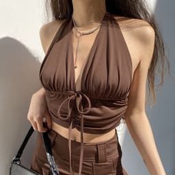 image-H home European and American style drawstring folds halter neck blouse early spring brown sexy open back outer wear bottoming sling