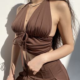 image-H home European and American style drawstring folds halter neck blouse early spring brown sexy open back outer wear bottoming sling