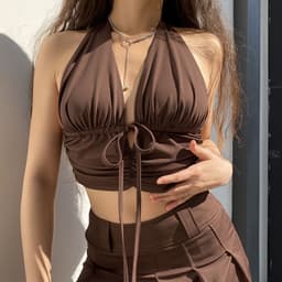 image-H home European and American style drawstring folds halter neck blouse early spring brown sexy open back outer wear bottoming sling