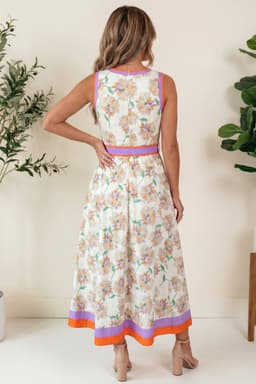 image-White Floral Print Color Block Maxi Dress Belted
