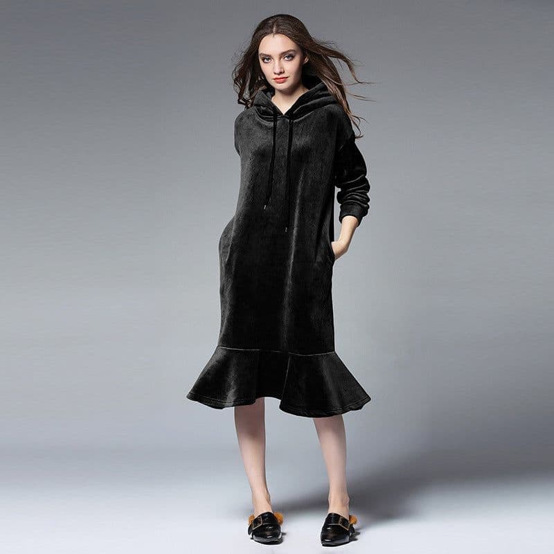 image-Jane Velvet Hooded Sweater Dress - Black XL