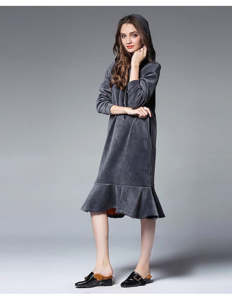image-Jane Velvet Hooded Sweater Dress - Black XL