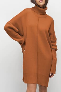 image-Gold Flame Solid Color Turtleneck Drop Shoulder Loose Sweater Dress