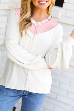 image-White Rainbow Stripe Color Block V Neck Long Sleeve Top