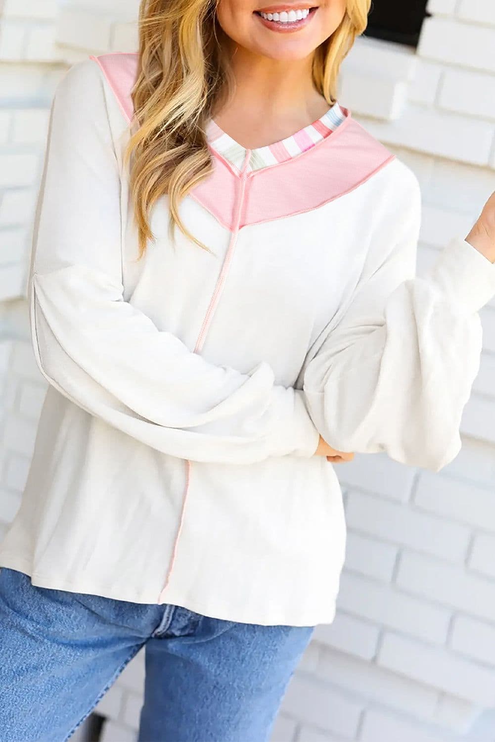 image-White Rainbow Stripe Color Block V Neck Long Sleeve Top