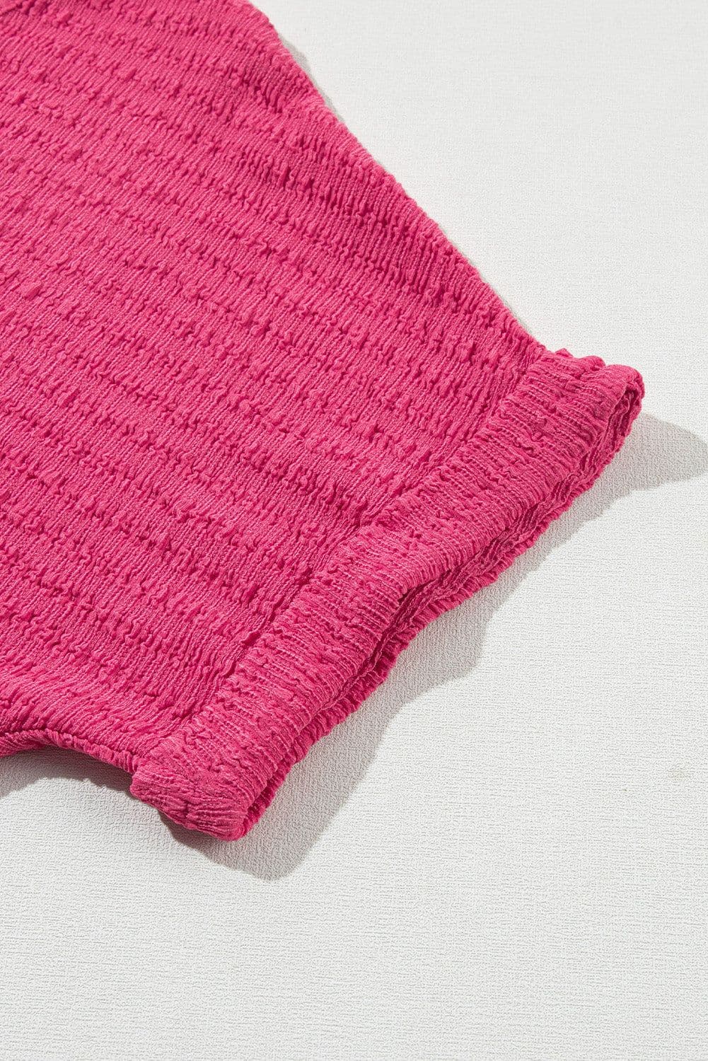 image-Bright Pink Textured V Neck Rolled Sleeve Tee - Loose Fit