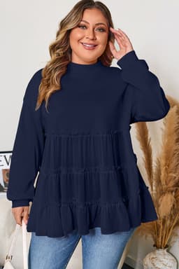 image-Pink Tiered Ruffle Ribbed Crew Neck Pullover Plus Size Top