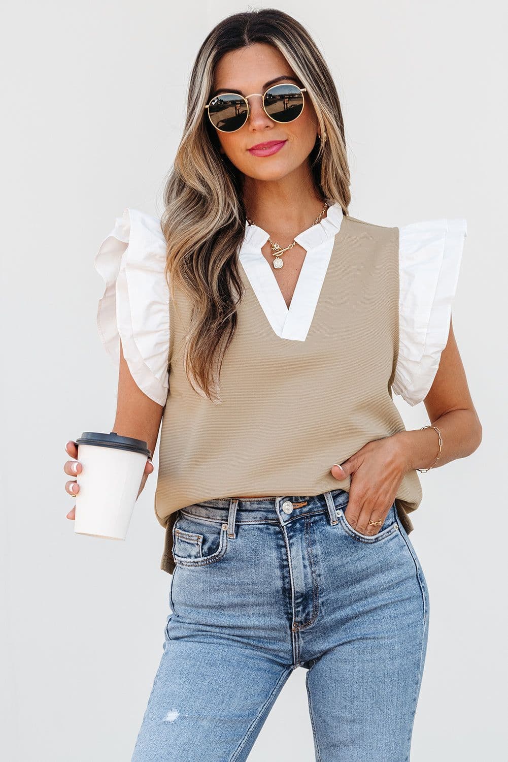 image-Pale Khaki Contrast V Neck Ruffled Knit Top