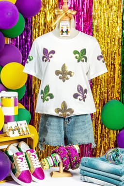 image-White Mardi Gras Fleur De Lis Sequin Graphic T-Shirt - White