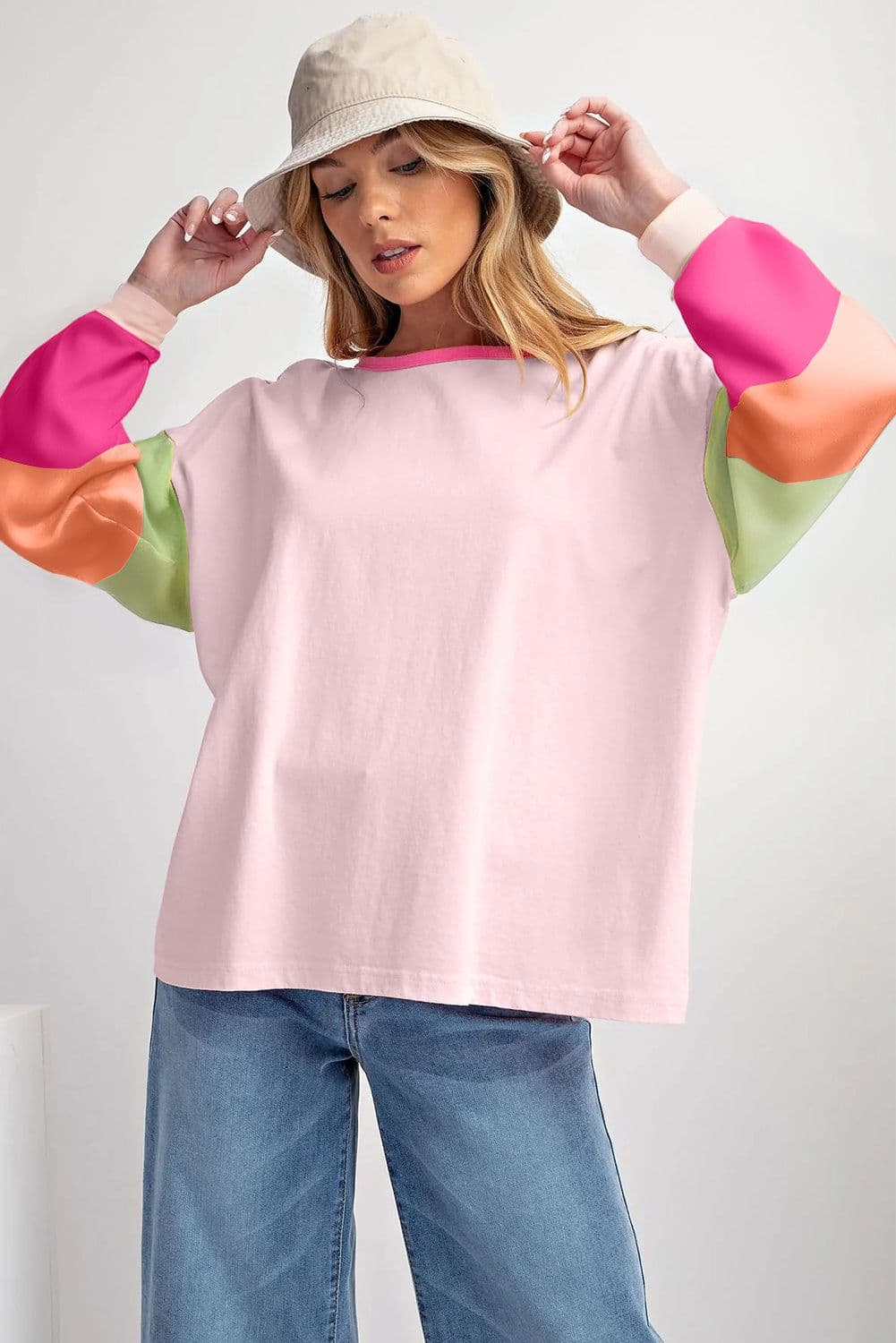 image-Dark Blue Colorblock Patchwork Long Sleeve Loose Top