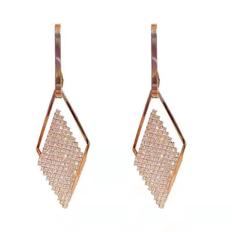 image-925 silver needle long temperament full diamond geometric diamond earrings European and American fashion personality spring net red same earrings