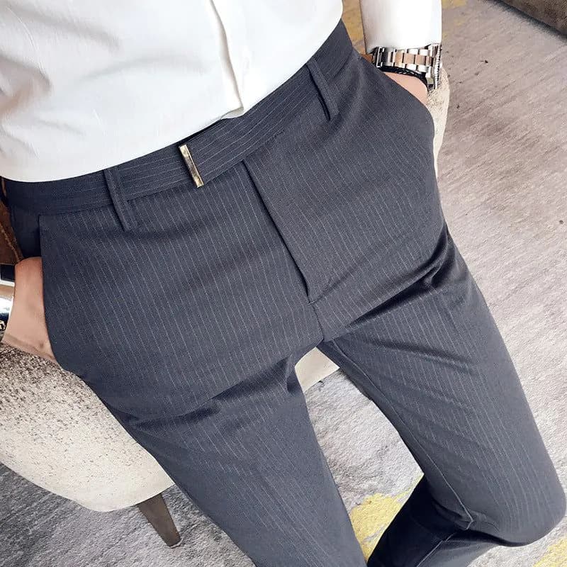 image-2021 Men's Slim Pants Korean Style Fashion Casual Drape Summer Thin Nine Striped Suit Pants