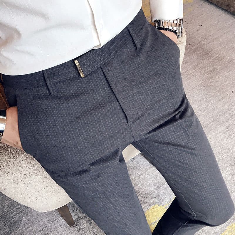 image-2021 Men's Slim Pants Korean Style Fashion Casual Drape Summer Thin Nine Striped Suit Pants