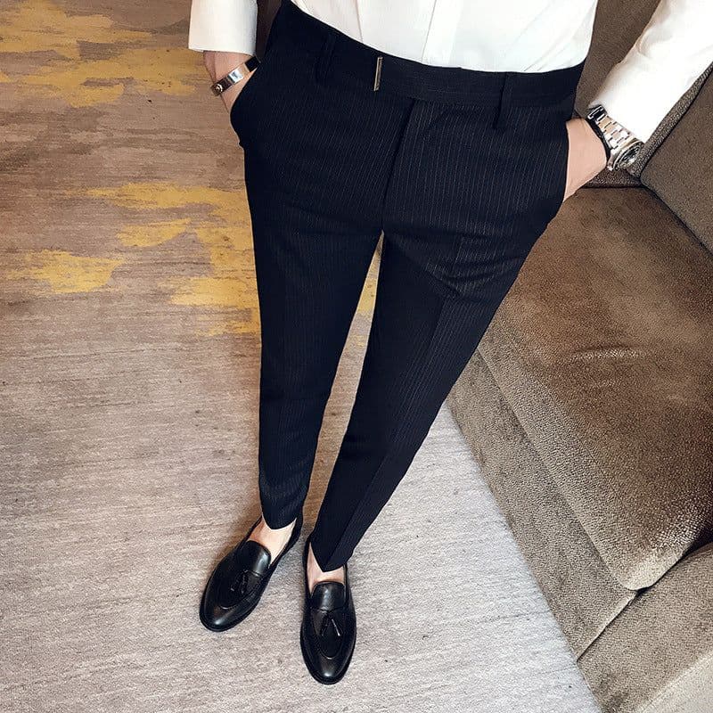 image-2021 Men's Slim Pants Korean Style Fashion Casual Drape Summer Thin Nine Striped Suit Pants