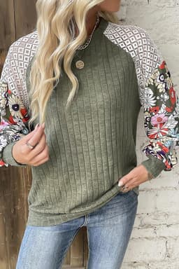 image-Laurel Green Floral Patchwork Long Sleeve Ribbed Blouse