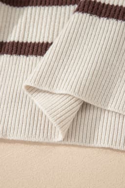 image-Brown Stripe Ribbed Henley Drop Shoulder Slouchy Sweater