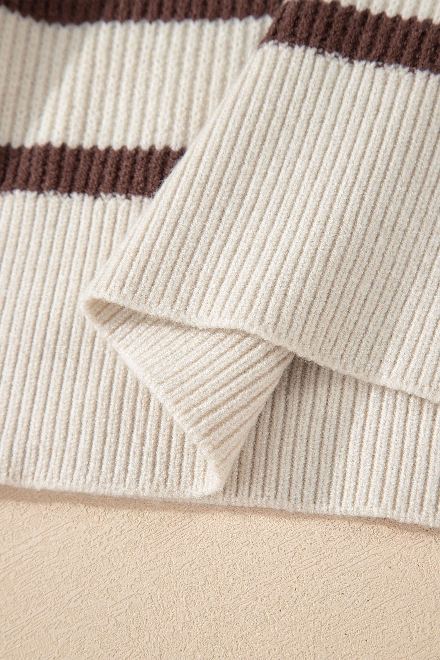image-Brown Stripe Ribbed Henley Drop Shoulder Slouchy Sweater