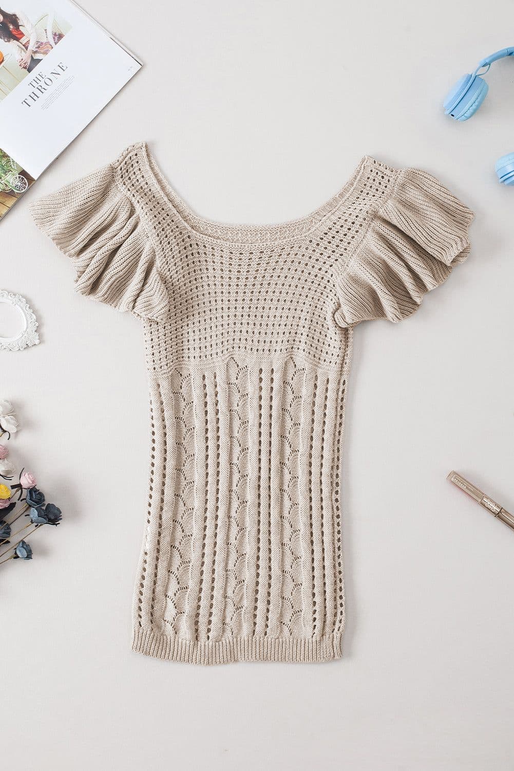 image-Beige Pointelle Knit Flutter Sleeve Sweater - Versatile & Chic