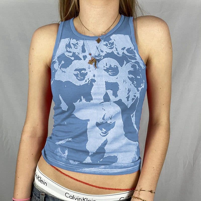 image-Amazon summer women's European and American ink avatar printing sleeveless round neck casual T-shirt women's top