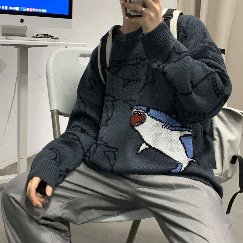 image-Sweater men's loose Korean version trend round neck sweater ins autumn and winter personality handsome pullover sweater