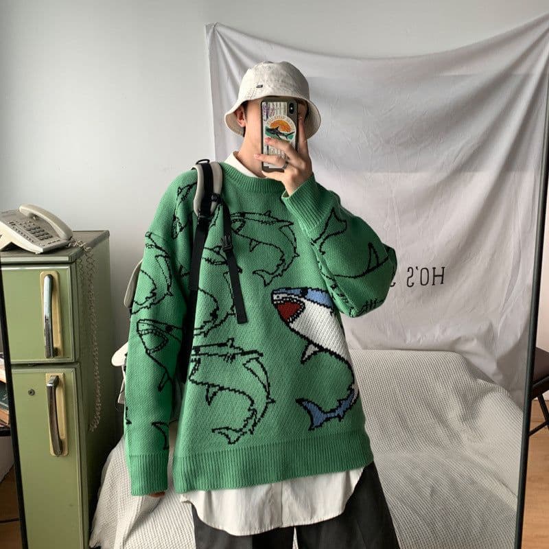 image-Sweater men's loose Korean version trend round neck sweater ins autumn and winter personality handsome pullover sweater