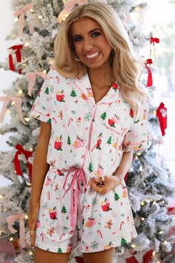 image-White Christmas Spirits Shirt Style 2pcs Short Pajama Set