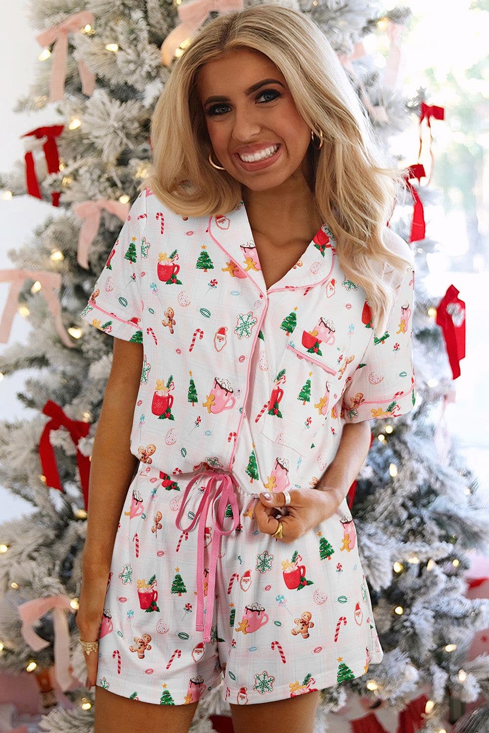 image-White Christmas Spirits Shirt Style 2pcs Short Pajama Set