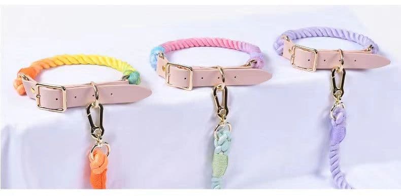 image-Hands Free Rope Leash and Luxe Royal Leather Collar Bundle - Classic Rainbow
