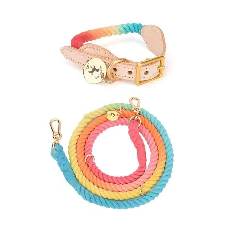 image-Hands Free Rope Leash and Luxe Royal Leather Collar Bundle - Classic Rainbow
