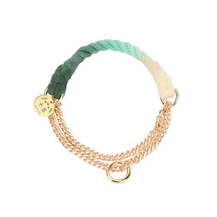 image-Cotton Rope Collar With Lightweight Gold Chain - Ombré Green